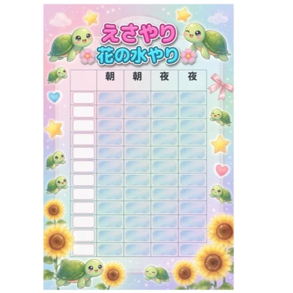 カメのえさやり、花の水やり表
