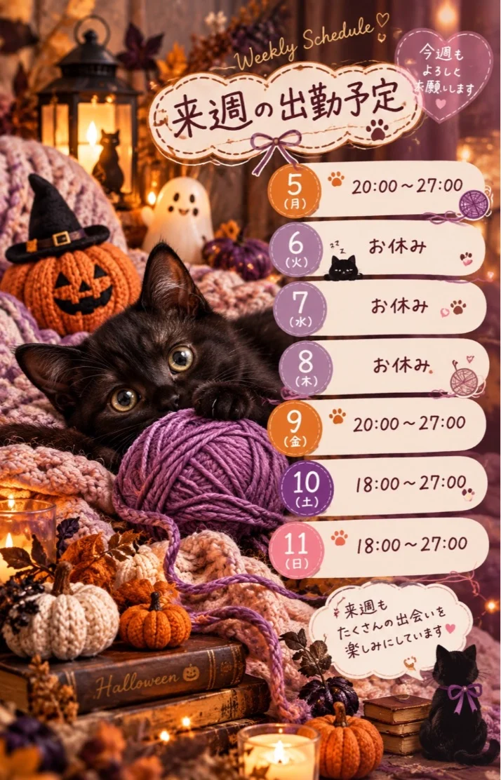 来週の出勤予定🐈‍⬛🎃