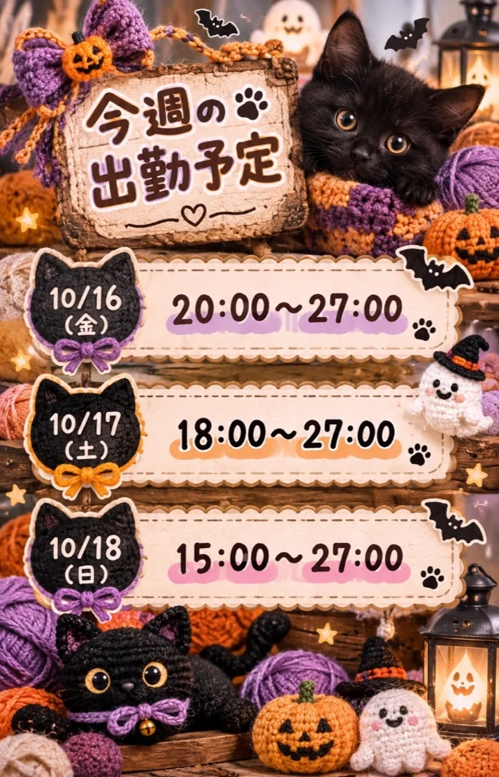 週末の出勤予定です🐈‍⬛🎃